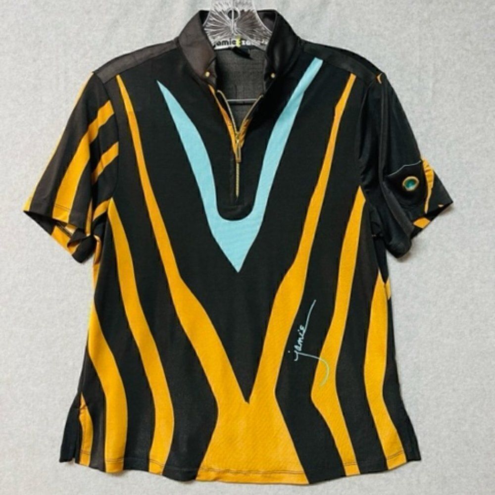 JAMIE SADOCK Shirt Womens Small Black Orange Blue Short Sleeve 1/4 Zip S Very go